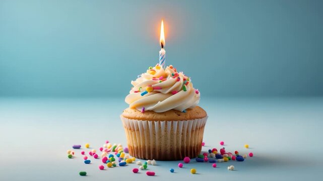 Colorful cupcake adorned with icing sprinkles and a lit candle sitting on a soft surface captured in a close-up shot with vibrant pastel background and warm lighting
