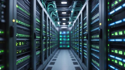 Close-up view of a high-tech server room with rows of illuminated data storage units displaying vibrant blue and green lights in a modern data center environment - Powered by Adobe