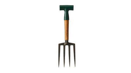 A sturdy garden fork with a wooden handle and dark green grip isolated on transparent background