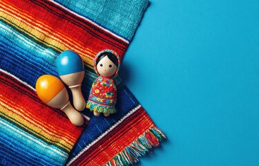 Colorful blanket, maracas, and a doll on a blue background, capturing festive decorations