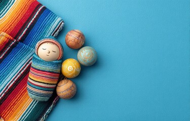 A baby doll, wrapped in a blanket, and decorative eggs rest on a blue backdrop with a colorful blanket