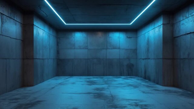 Minimal industrial interior with rough concrete walls illuminated by glowing blue neon lights creating a futuristic atmosphere in an empty space