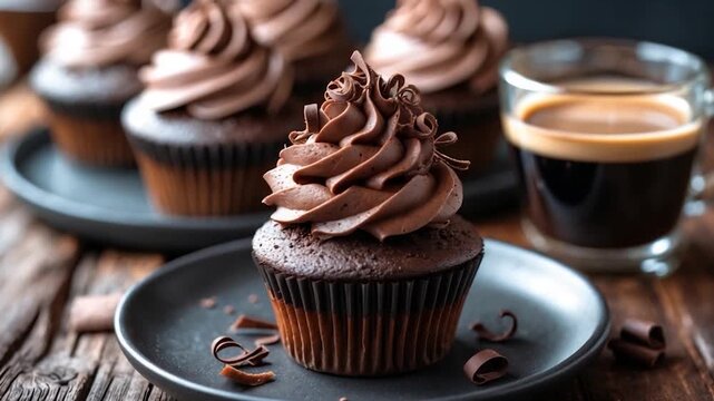 Close-up of a decadent chocolate cupcake topped with swirls of creamy frosting surrounded by garnishes on a rustic wooden table with a glass of espresso in soft natural light