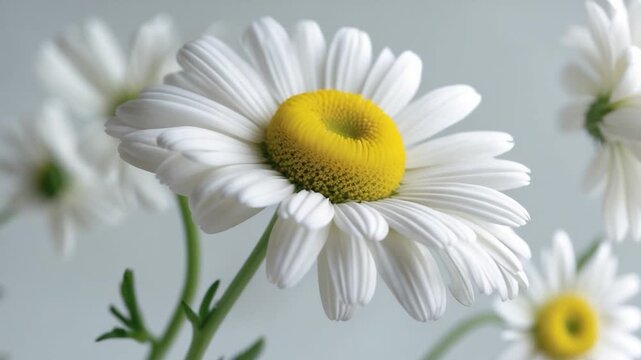 Close-up of white daisies with bright yellow centers blooming against a softly blurred gray background showcasing detailed petals and green stems with soft natural light emphasizing textures and