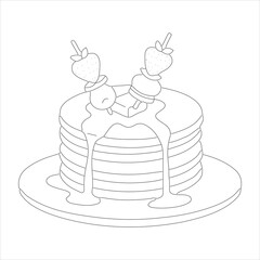 Pancake Stack with Strawberries and Syrup Outline Vector Illustration