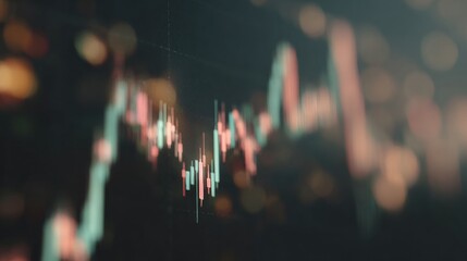 Close-up of a stock market chart. the chart is in the form of a line graph with multiple bars of different colors - pink, blue, and green.