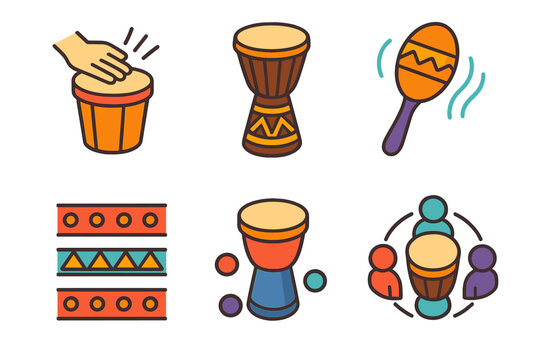 Vibrant Rhythm Set Icons. Traditional Rhythm flat icon set: hand drum, carved djembe, shaker, rhythm lines, pattern, drum circle
