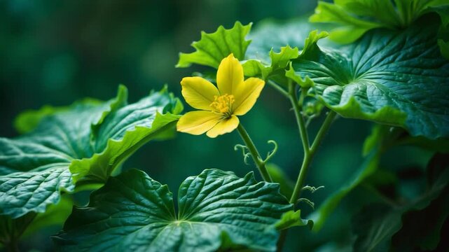 Close-up view of vibrant yellow flower blooming among lush green leaves in a natural forest setting captured in soft natural light highlighting textures and colors throughout the scene