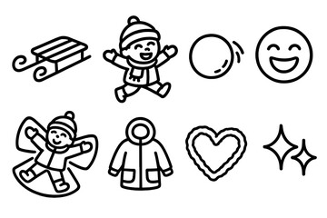 Winter Fun Icons. Joyful Winter Day linear icon set: sled, child playing, snowball, laughter face, snow angel, coat, heart in snow, sparkle icon
