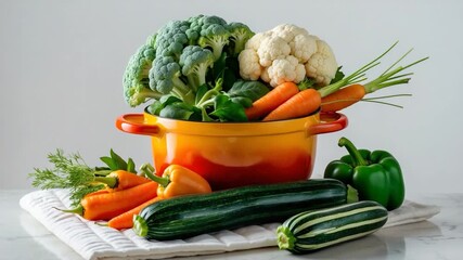 Colorful assortment of fresh vegetables including broccoli cauliflower carrots zucchini and green bell peppers arranged in a vibrant pot on a white quilted cloth bright soft natural lighting - Powered by Adobe
