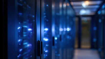 Row of blue servers in a data center. the servers are arranged in a neat and orderly manner, with rows of them facing towards the right side of the image.