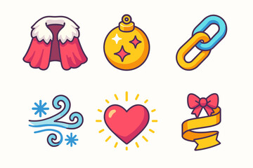 Obraz premium Festive Isometric Icons. Holiday Paradox flat icon set: fur cloak, glitter ornament, chain link, glowing heart, icy wind, festive ribbon
