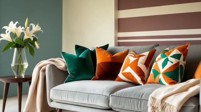 Elegant living room setup featuring a gray sofa with colorful velvet cushions in green orange and patterned designs adorned with a decorative flower vase and soft natural light from a nearby window