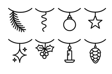 Festive Garland Symbols. Festive garlands linear icon set : pine garland, ribbon curl, ornament, star, sparkle, holly leaf, candle, pinecone