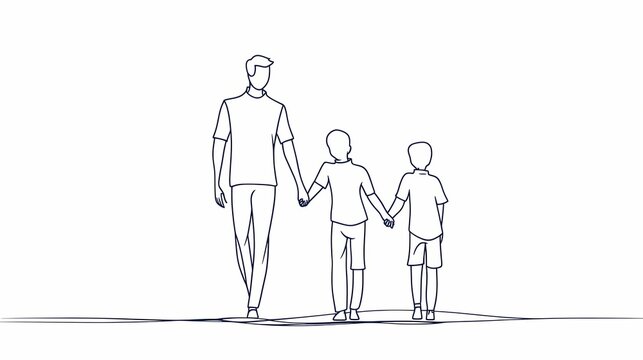 Adult male figure walks forward holding hands with two young boys