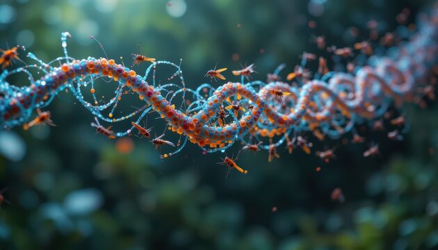 Conceptual rendering of a dna molecule infested with mosquitos symbolizing disease spread and