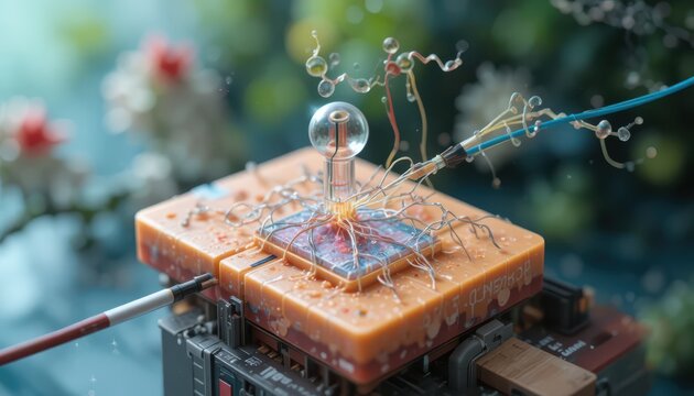 Conceptual nanotechnology assembly, exploring microscopic robotics and biological integration in a