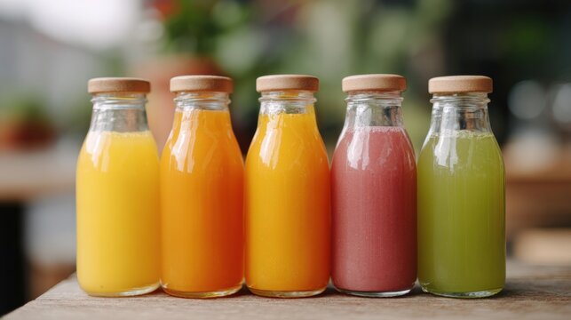 Four glass bottles with cork stoppers arranged in a row on a wooden table. the bottles are filled with different types of juices, ranging from orange to pink to green.