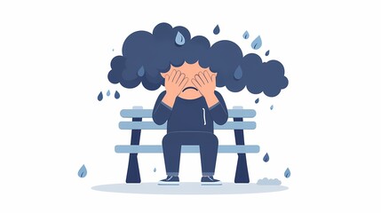 Person sitting alone on a park bench underneath a dark rain cloud symbolizing sadness and emotional distress