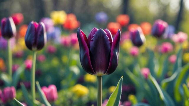 Close-up view of vibrant purple tulips blooming in a colorful garden with soft natural light highlighting the details of petals against a backdrop of various flowers in a blurred field