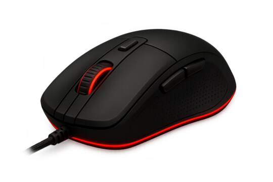 Gaming mouse with customizable rgb lighting and ergonomic design for competitive e-sports gaming on transparent background