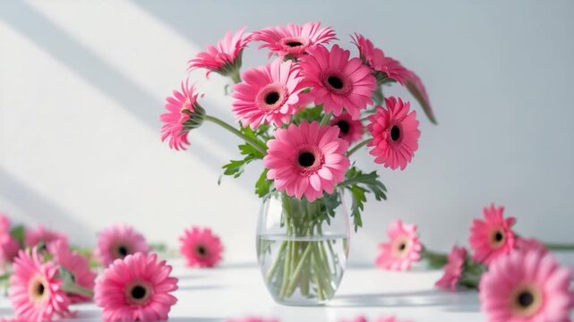 Vibrant pink gerbera daisies arranged in a clear glass vase on a bright surface surrounded by scattered petals illuminated by soft natural light creating gentle shadows and highlights.