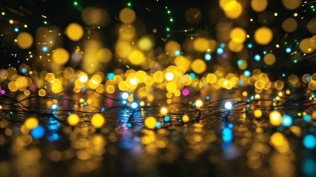 Colorful blurred bokeh lights glowing on a reflective surface with multicolored warm and cool hues creating an abstract background of vibrant light patterns and textures along with faint wire details.