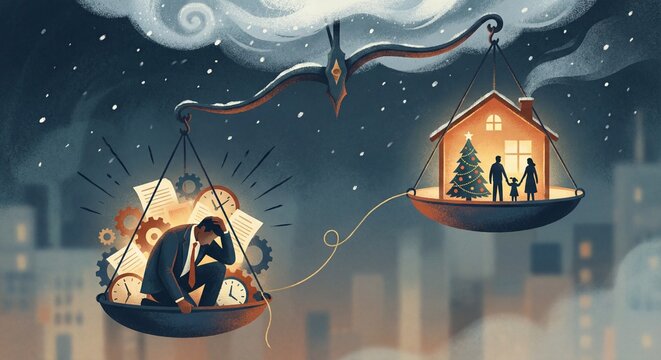 Conceptual illustration of work life balance scales showing stressed businessman outweighing happy family home time