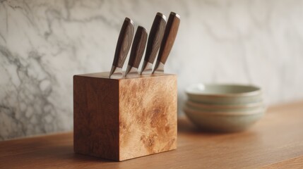 Set of six knives in a wooden block on a wooden countertop. the block is square in shape and has a natural wood grain pattern.