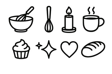Cozy Kitchen Icons. Cozy kitchen linear icon set : mixing bowl, whisk, candle, steaming mug, cupcake, bread loaf, sparkle, heart