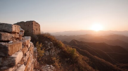 Beautiful landscape of the great wall of china at sunrise. the sky is a warm orange color, with the sun partially visible in the top right corner.