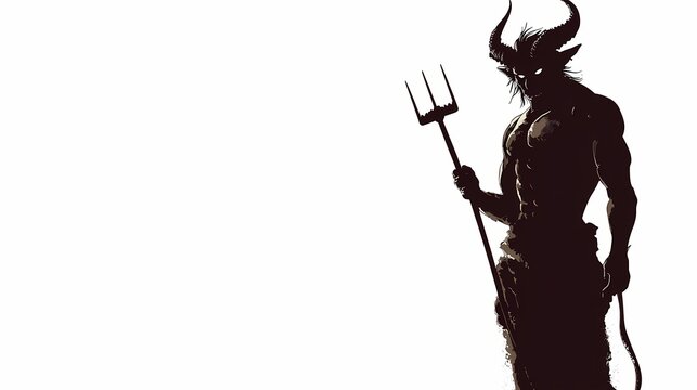 Muscular horned silhouette of a malevolent entity holding a trident weapon stands against a stark white background