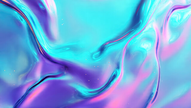 Vibrant abstract background with iridescent liquid swirls of turquoise, purple, and pink. Holographic gradients and shimmering specks create a dynamic, fluid, futuristic look.