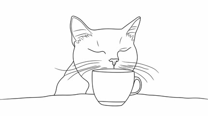 Feline character curiously lowers its head to smell or sip from a beverage container in a simple outline style.