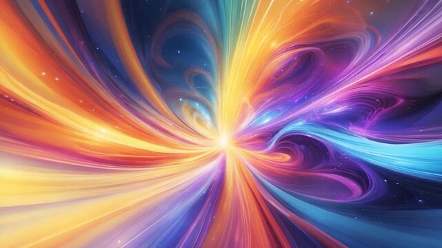 Vibrant abstract animation featuring swirling colors and light patterns transitioning through a colorful spectrum with flowing lines and radiant bursts against a dark cosmic background.