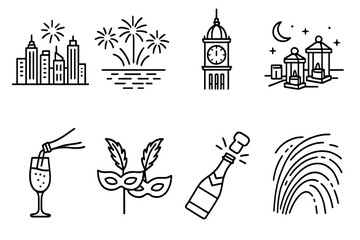 Festive Skyline Icons. Urban New Year Moment linear icon set: city skyline at night, fireworks reflection, champagne pour, clock tower, rooftop lanterns, party masks, champagne