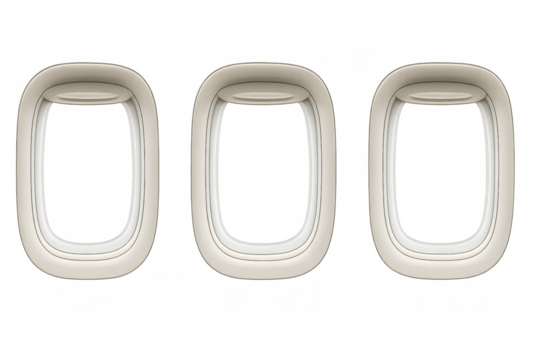 Airplane windows vector set. Empty aircraft portholes with transparent background for travel and aviation concepts