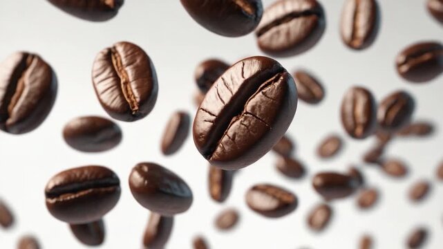 Slow motion close-up of glossy coffee beans floating and drifting against a soft light background showcasing their rich brown color intricate textures and shiny surfaces in an abstract setting