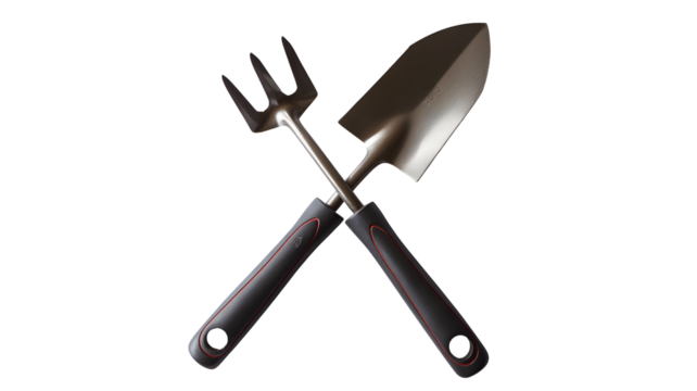 Crossed gardening hand tools including a small trowel and a cultivator fork isolated on transparent background