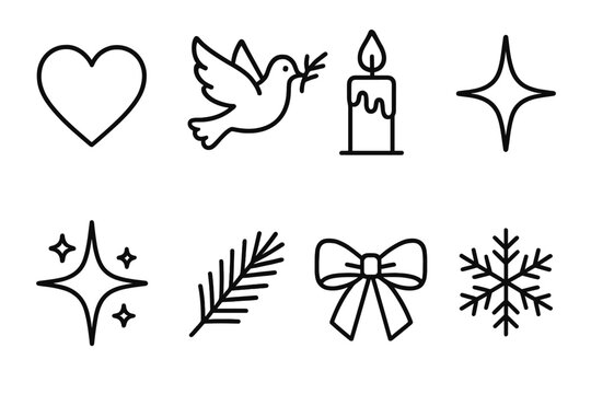 Peaceful Holiday Icons. Peace and goodwill linear icon set : heart, dove, candle, star, sparkle, pine branch, ribbon bow, snowflake