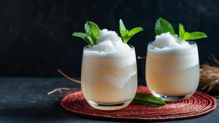 Two elegantly layered cocktails in clear glasses topped with fluffy foam and fresh mint leaves set on a rustic woven mat with a dark textured background showcasing soft diffused lighting