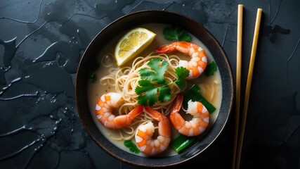 Close-up of a delicious shrimp noodle dish in a dark bowl featuring shrimp noodles and garnishes like lemon and cilantro presented with reflective surfaces and natural lighting