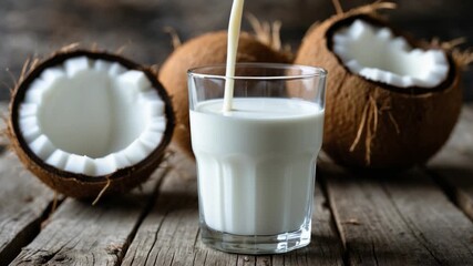 Close-up of creamy coconut milk being poured into a glass surrounded by fresh coconut halves on a rustic wooden table with soft natural light enhancing the warm tones and textures. - Powered by Adobe