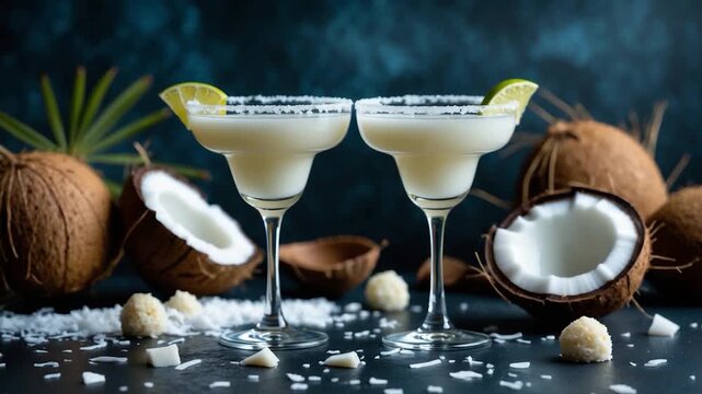 Coconut cocktails in elegant glassware with lime slices and salted rims arranged on a dark surface surrounded by coconut halves scattered coconut flakes and spherical desserts illuminated by soft