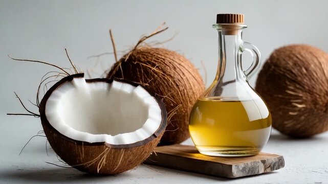 Close-up of fresh coconuts with a halved shell and a glass bottle of coconut oil on a wooden board in a minimalistic setting with soft natural light highlighting the textures of the shells and oil