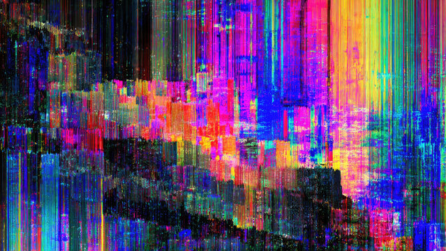 Vibrant abstract pixel art featuring vertical color streaks resembling a neon cityscape, with digital glitch effects creating a dynamic spectrum.
