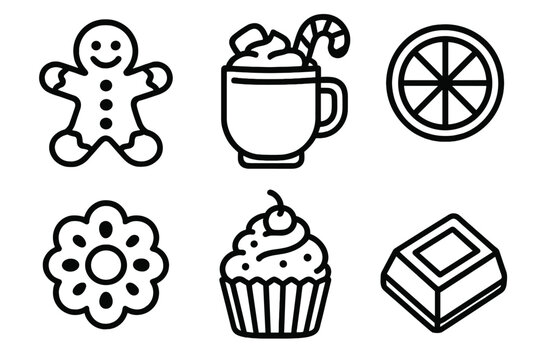Festive Treat Icons. Christmas Treats Set linear icon set: gingerbread cookie, hot cocoa mug, fruit slice, festive cupcake, chocolate piece, holiday biscuit
