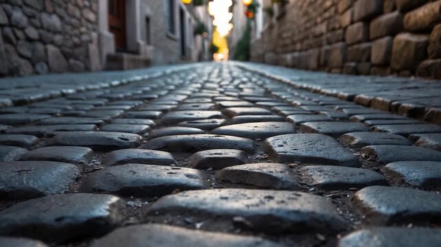 Close-up view of cobblestone street with smooth stones and worn textures lined with stone buildings and soft natural light creating a nostalgic ambiance during sunset