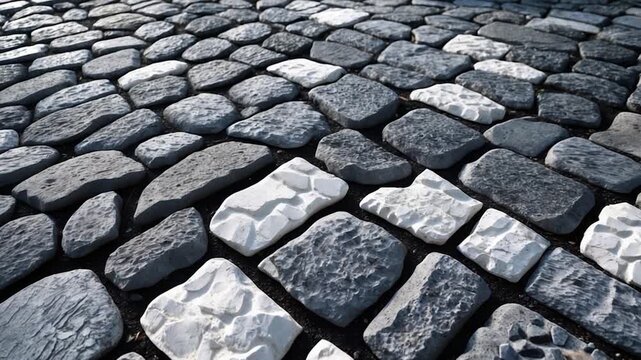 Detailed view of textured cobblestone pavement with varied gray and white stones captured in soft natural light showcasing the unique arrangement and composition from multiple angles.