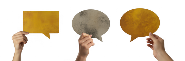 Three hands holding speech bubbles isolated on a transparent background
